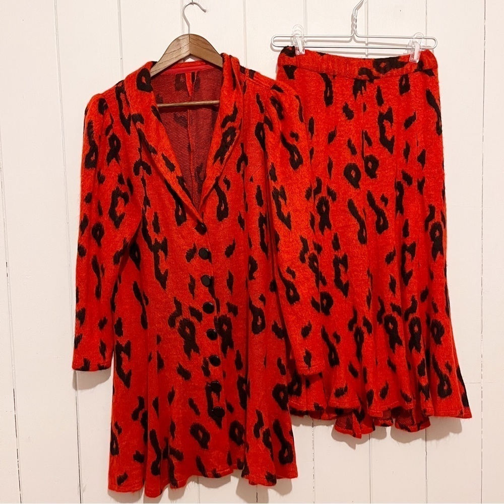 Orangey Red Leopard print Skirt and Coat.